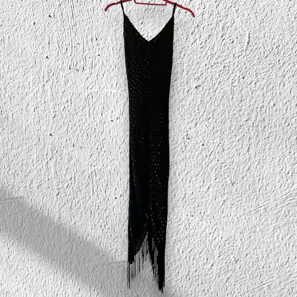 Vintage y2k black beaded fitted midi dress with fringe details xs - Picture 3 of 5